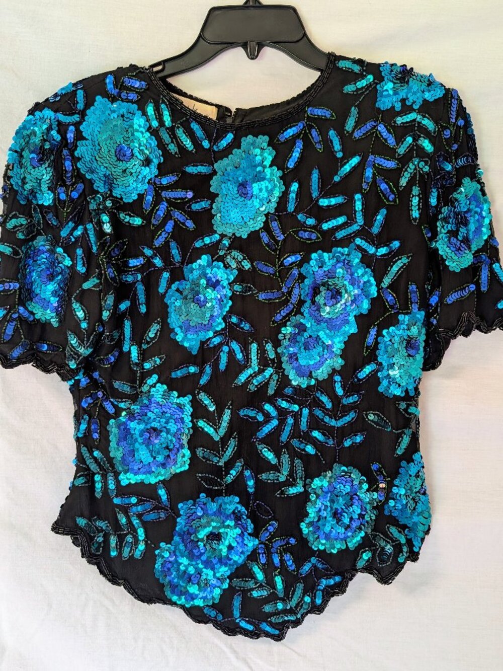Vintage Laurence Kazar Silk Beaded Sequin Floral Blouse Black Blue Evening Top M